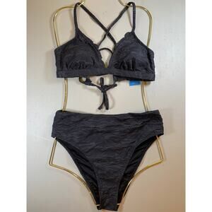 NWT Cupshe Black Textured Strappy Back Bikini Size Medium